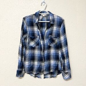 Cloth and Stone Top Womens Size S Blue Plaid Button Up Raw Hem Pockets